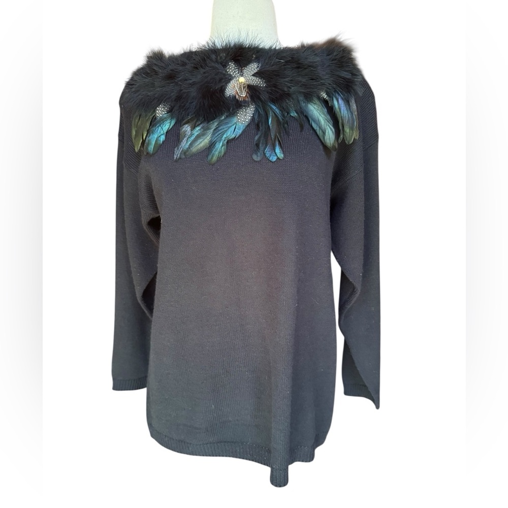 1980s OHI Oversized Feathered & Bead Neckline Embellishments 100% Acrylic Sweate